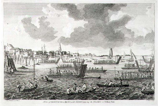 Vista de Gravesend en Kent, con Tropas Pasando el Támesis hacia el Fuerte Tilbury de English School