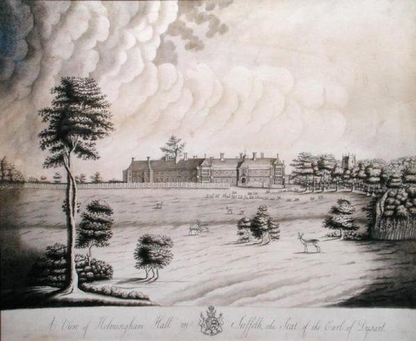 Vista de Helmingham Hall en Suffolk, la residencia del Conde de Dysart de English School