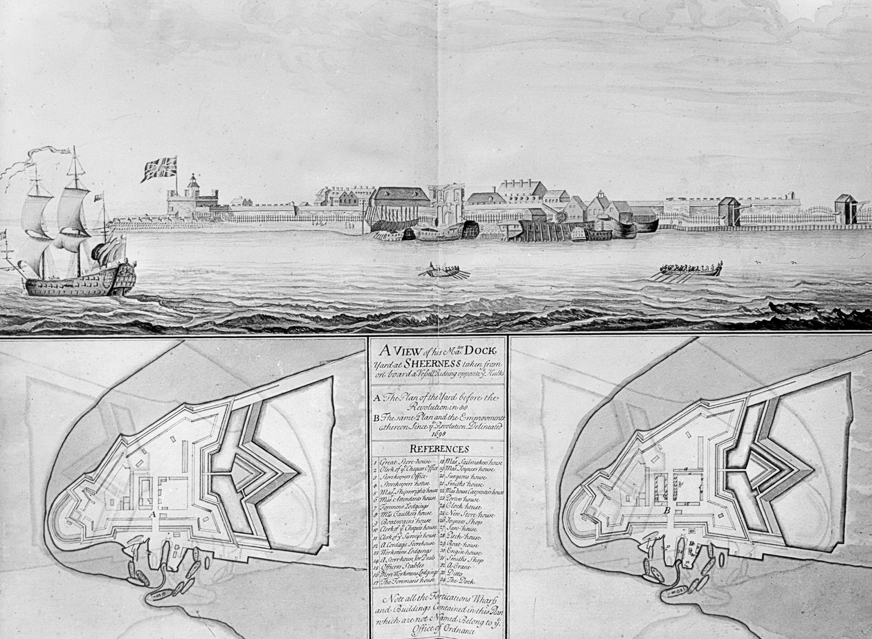 Vista del Astillero de Su Majestad en Sheerness, 1698 de English School