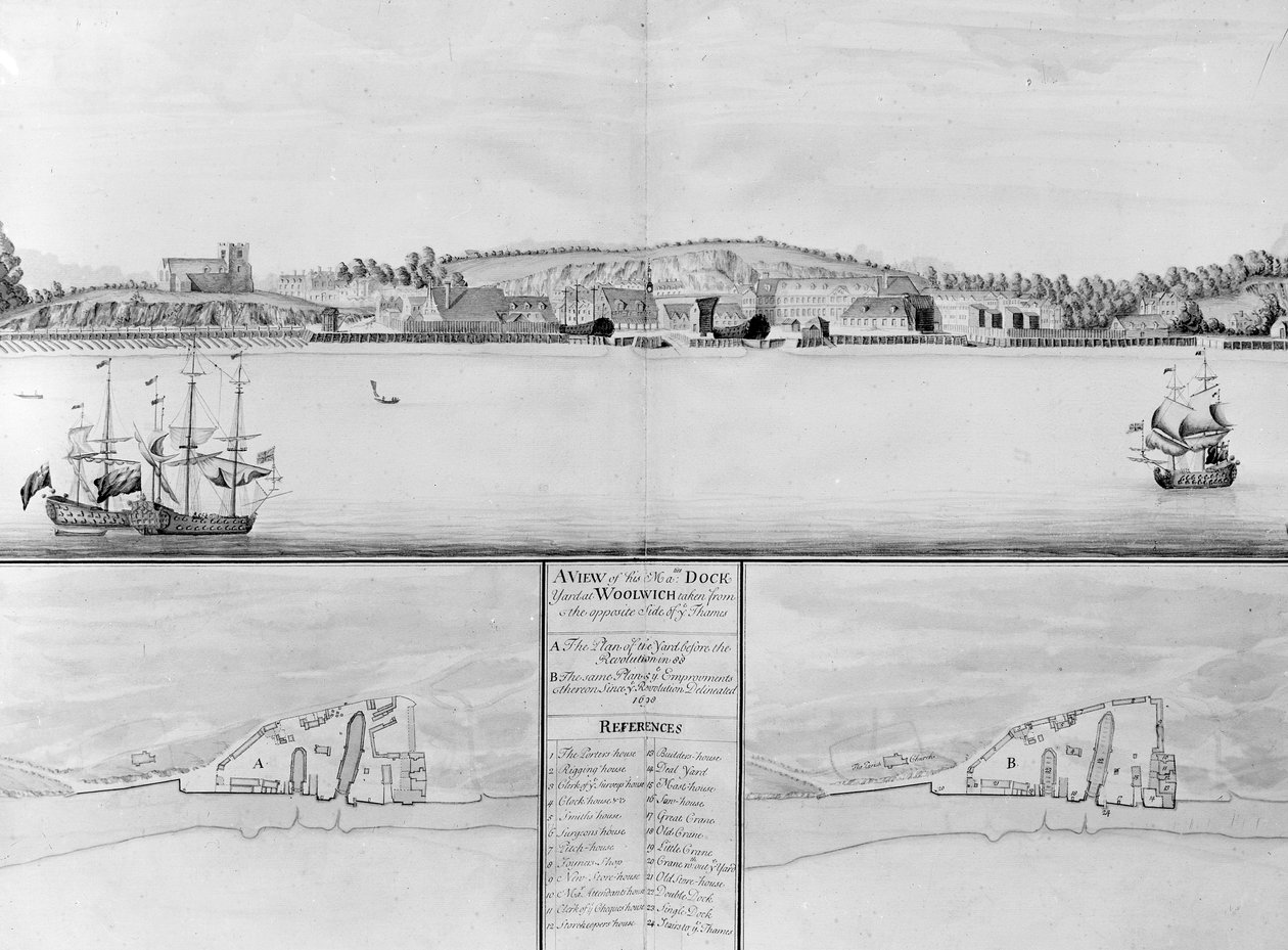 Vista del Astillero Real en Woolwich desde el lado opuesto del Támesis de English School