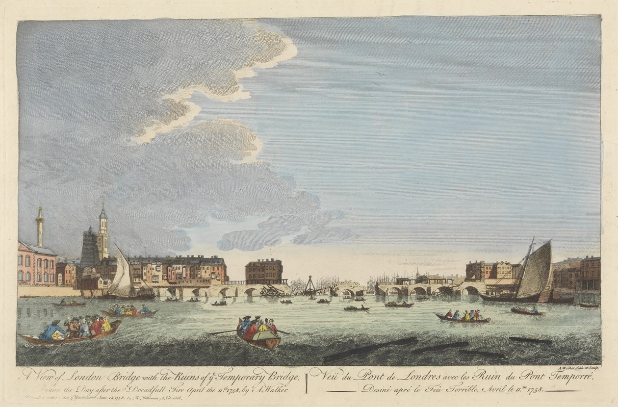Vista del Puente de Londres con las Ruinas del Puente Temporal después del Incendio del 11 de abril de 1758 (grabado coloreado) de English School