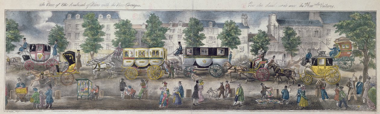 Vista de los bulevares de París con los nuevos carruajes, 1828 de English School