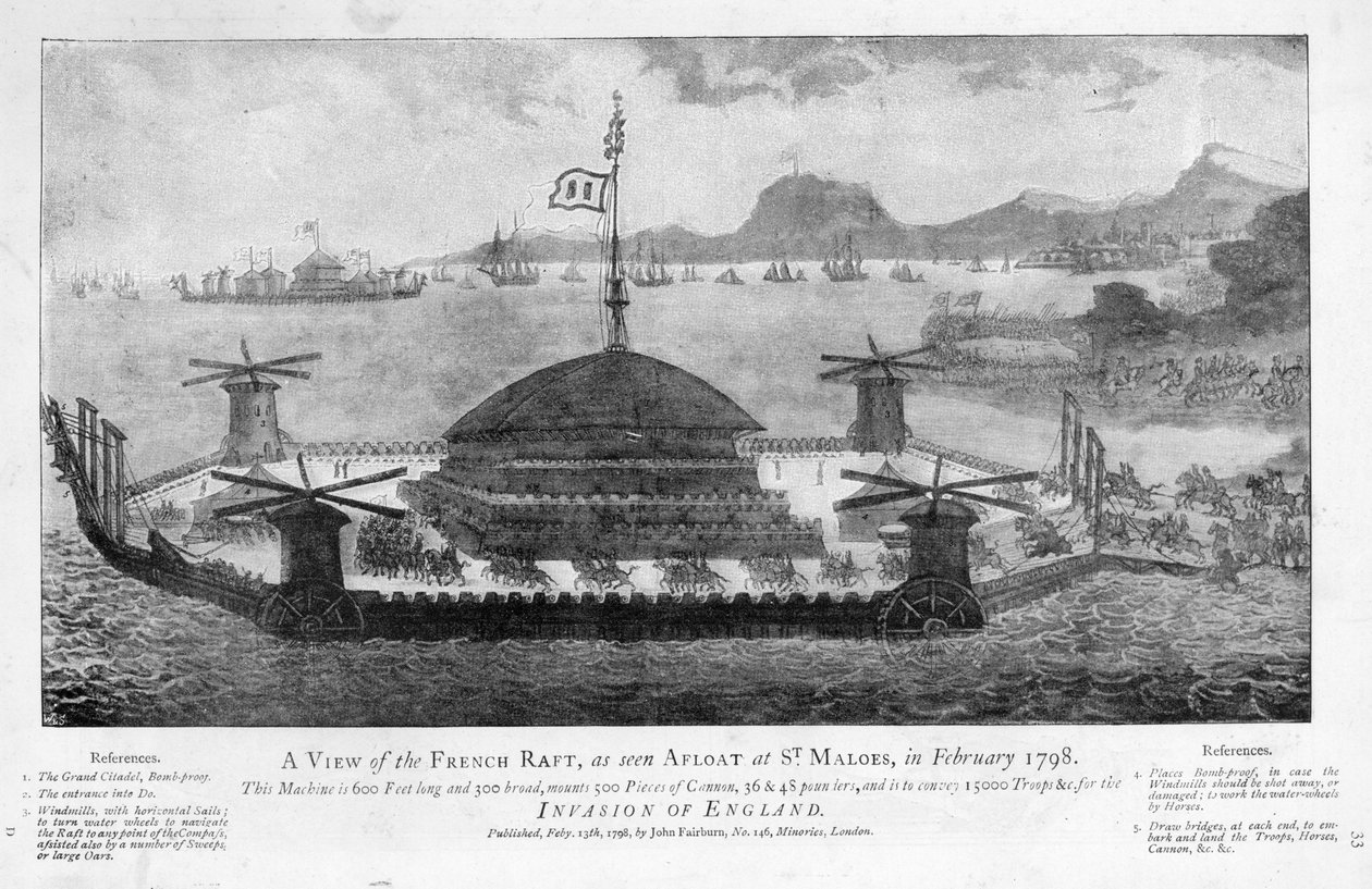 Vista de la balsa francesa en St. Malo, febrero de 1798 de English School
