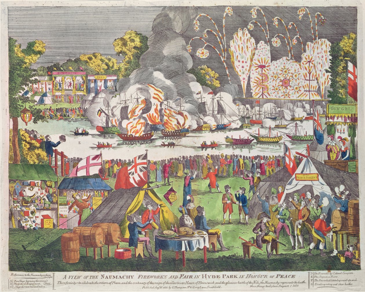 Vista de la Naumaquia, Fuegos Artificiales y Feria en Hyde Park en Honor de la Paz, publicado por G. Thompson, 1814 de English School
