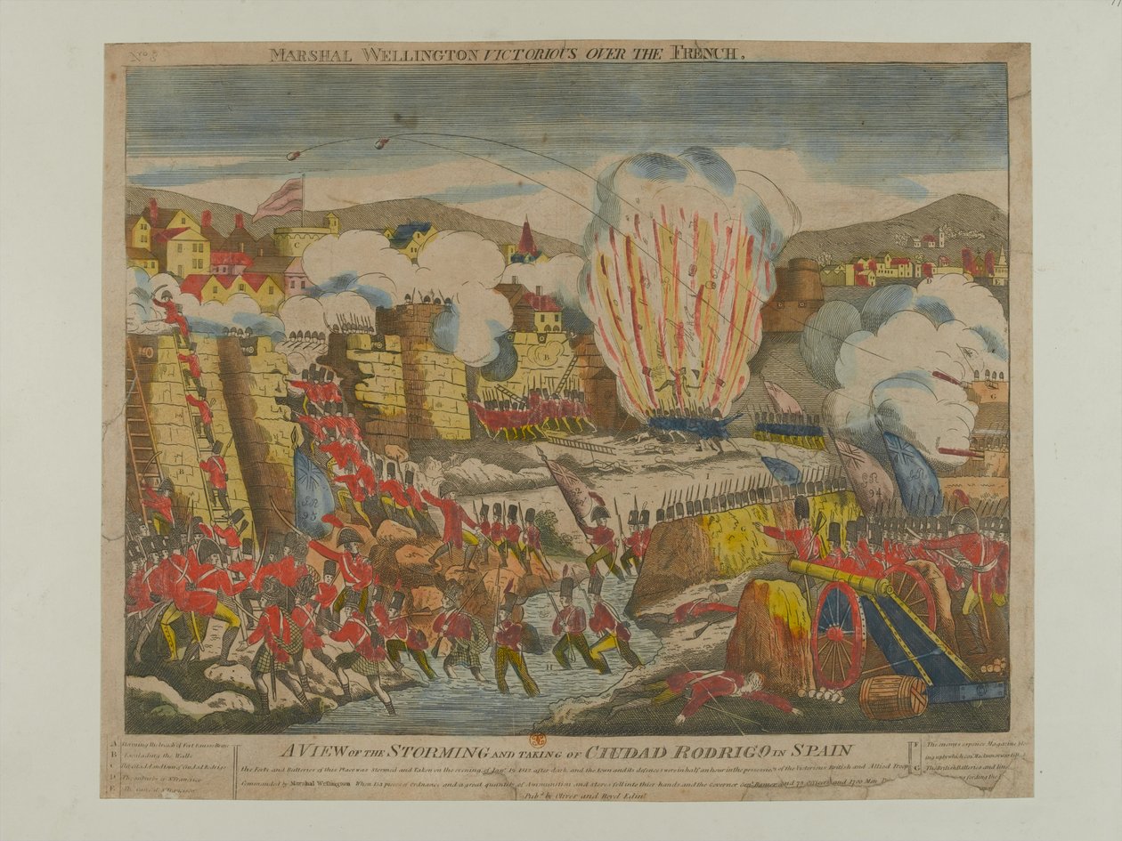 Una Vista del Asalto y Toma de Ciudad Rodrigo en España 1812, publicada por Oliver y Boyd 1812 de English School