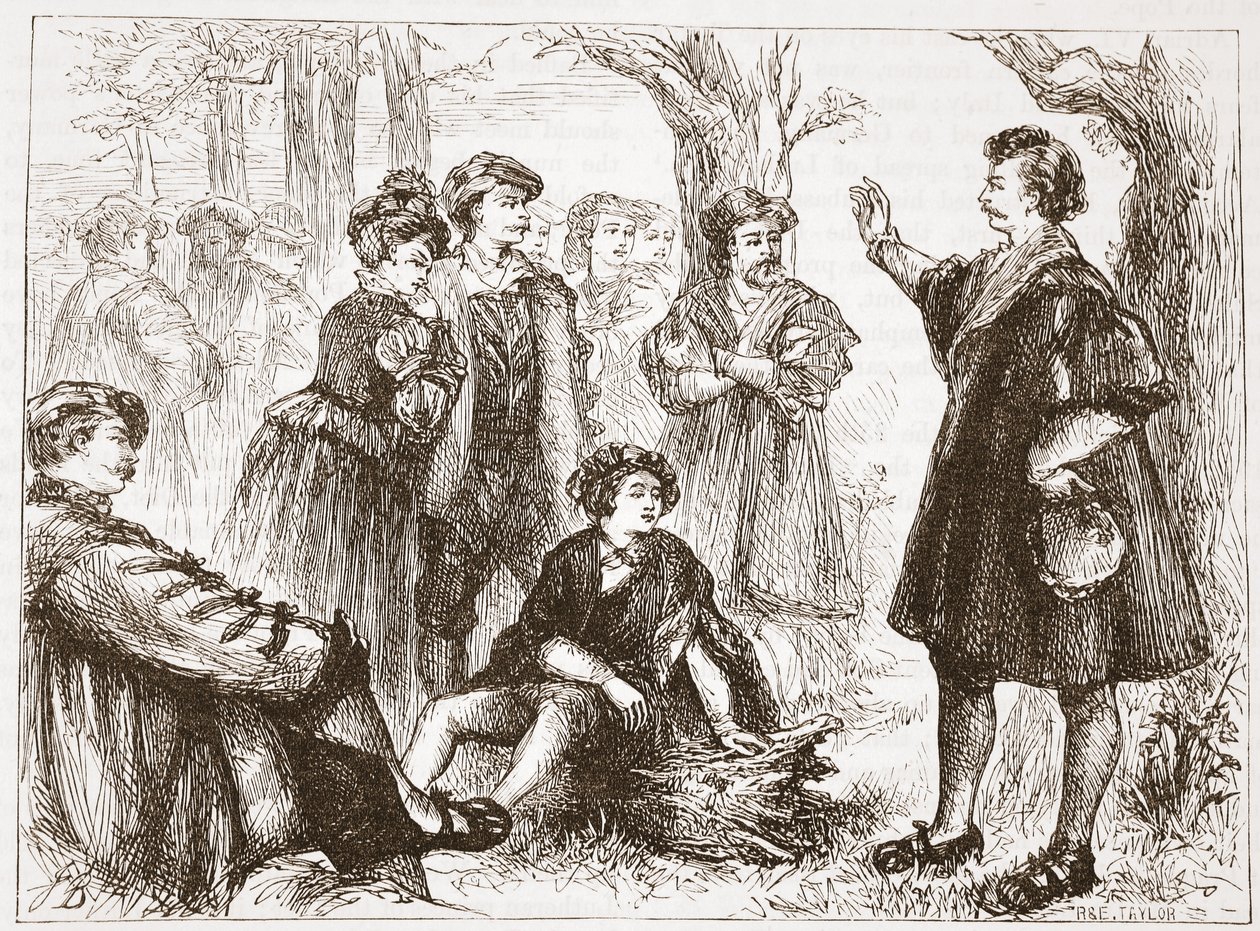 Un estudiante de Wittemberg predicando en el Prado de los Tilos, ilustración de La Historia del Protestantismo de James Aitken Wylie, pub. 1878 de English School