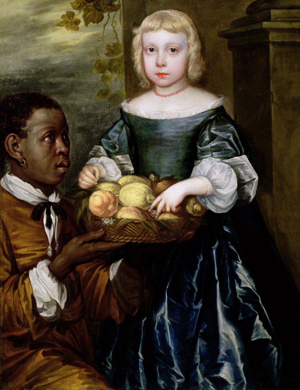 Una joven siendo ofrecida una cesta de frutas por un sirviente, c.1650 de English School
