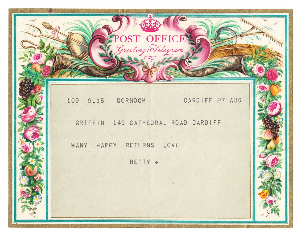 Telegrama de felicitación de cumpleaños, c.1950 de English School