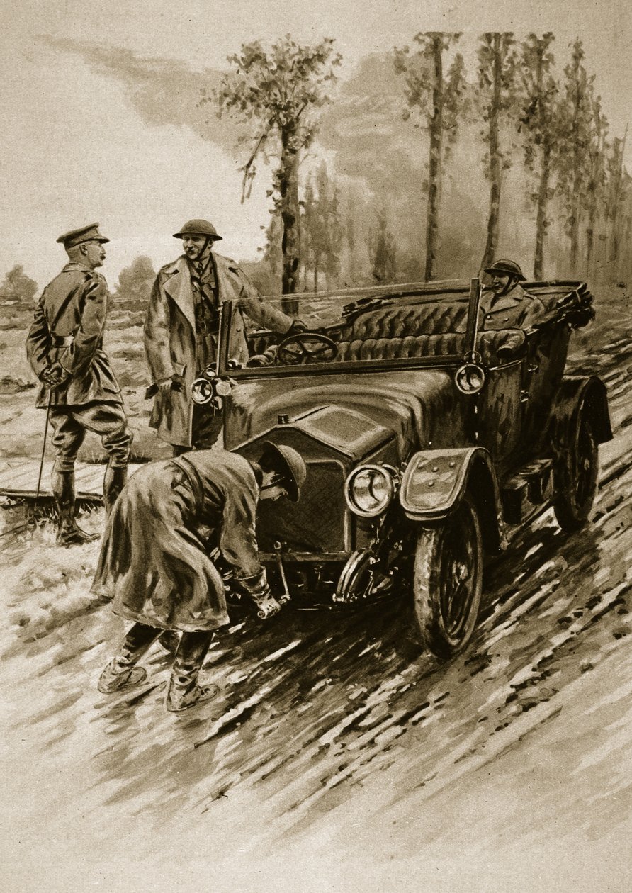 Un chófer del Cuerpo Auxiliar del Ejército de Mujeres arrancando el motor de un coche de oficiales, 1914-19 de English School