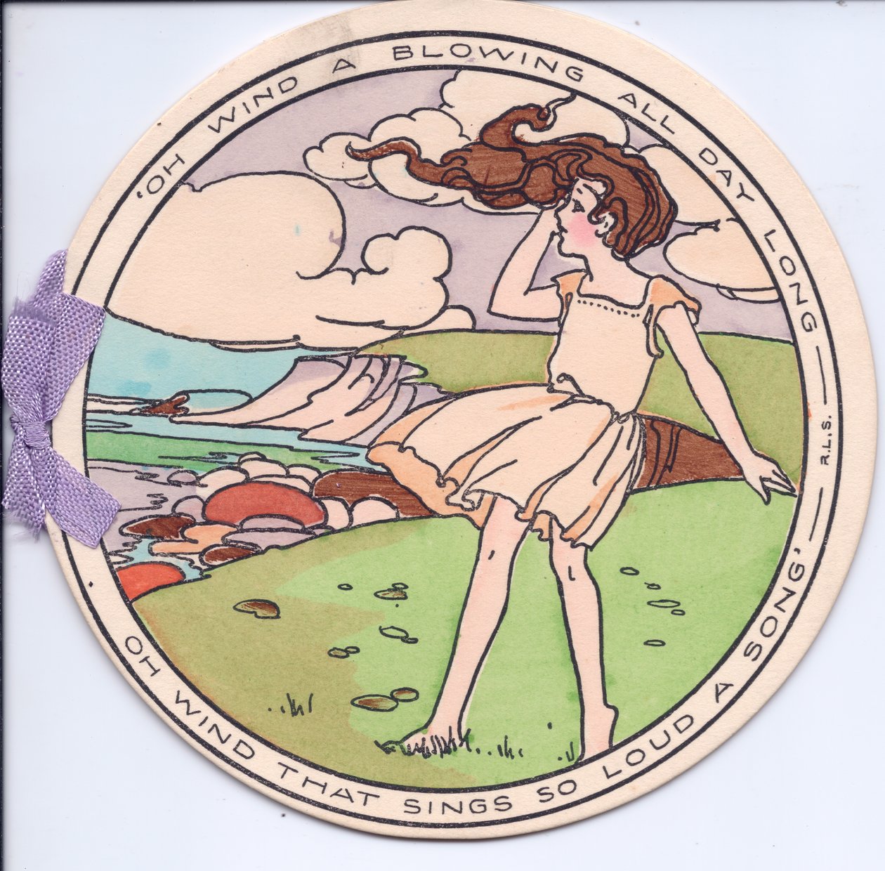 Tarjeta de felicitación eduardiana circular troquelada de una niña en el viento en la cima de un acantilado, circa 1910 de English School