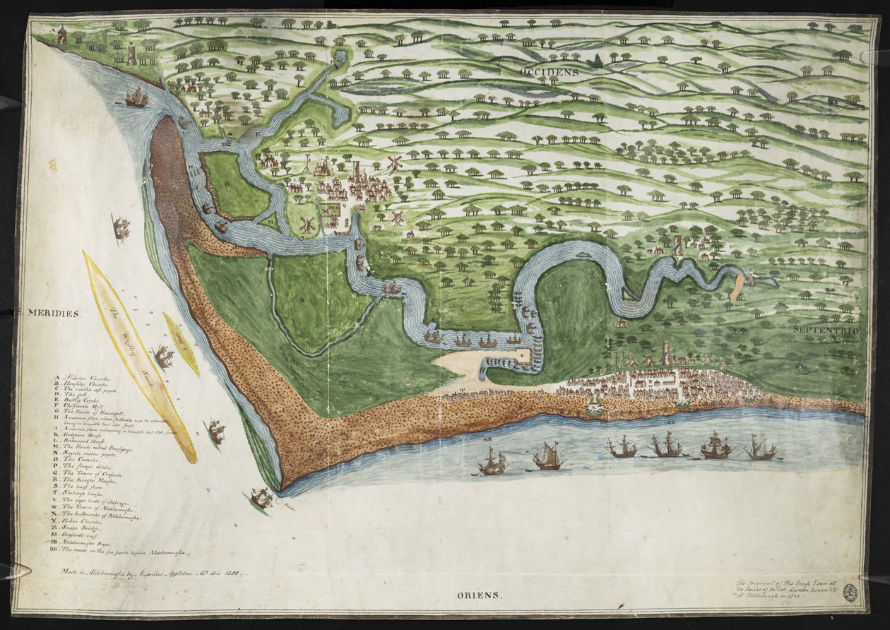 Una copia facsímil en color de una vista de pájaro o un gráfico de la costa de Suffolk desde Alderton hasta Aldborough, incluido Orford Ness (vitela) de English School