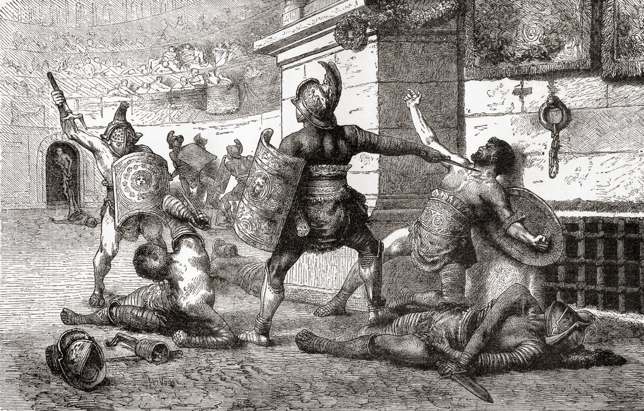 Un combate entre gladiadores en la antigua Roma, de la Historia Ilustrada del Mundo de Ward y Lock, pub. c.1882 de English School