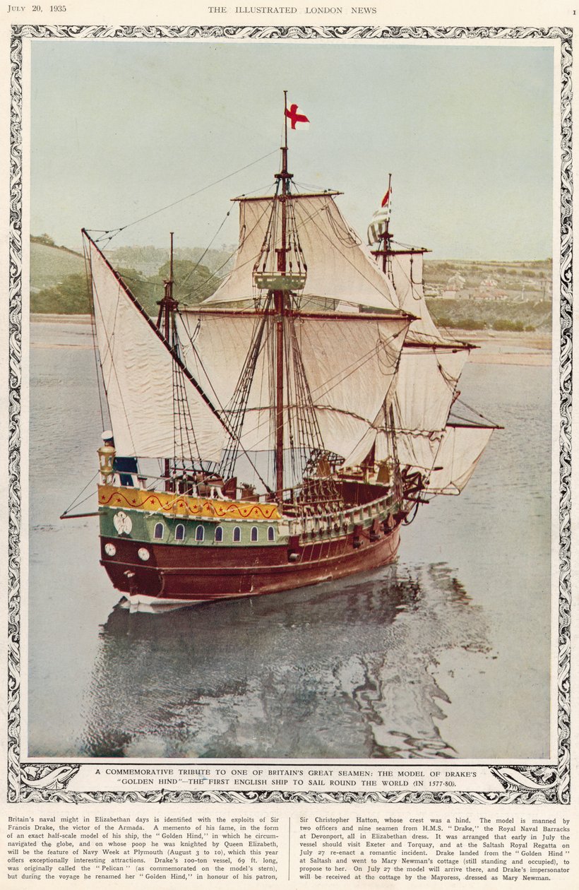 Un tributo conmemorativo a uno de los grandes marineros de Gran Bretaña: el modelo del Golden Hind de Drake, el primer barco inglés en dar la vuelta al mundo en 1577-80, de The Illustrated London News Royal Naval and Military Review Number de English School