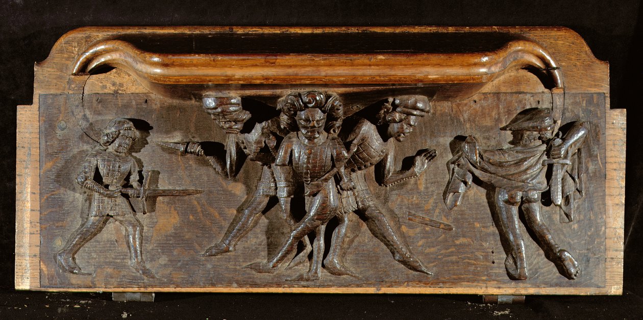 Una misericordia dañada que representa a tres hombres luchando con dagas y espadas, Capilla del New College, Oxford, finales del siglo XIV (madera) de English School