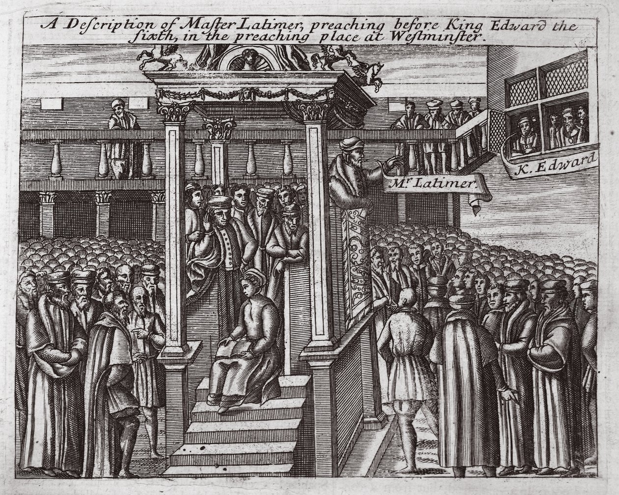 Descripción del Maestro Latimer, predicando ante el Rey Eduardo VI en el lugar de predicación en Westminster, ilustración de Hechos y Monumentos de John Foxe, novena edición, pub. 1684 de English School