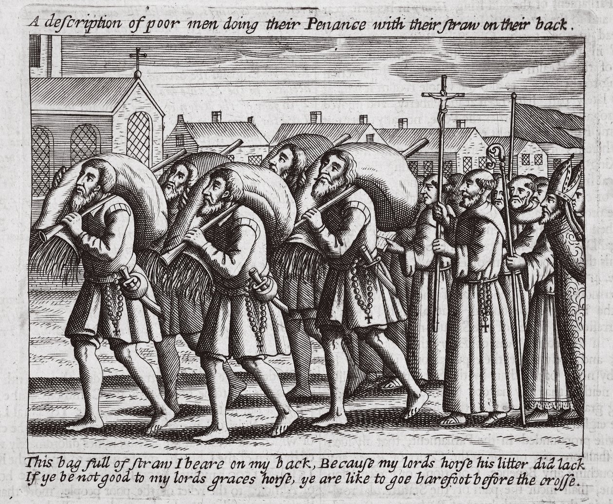 Una descripción de hombres pobres haciendo su penitencia con su paja en la espalda, ilustración de Hechos y Monumentos de John Foxe, novena edición, pub. 1684 de English School