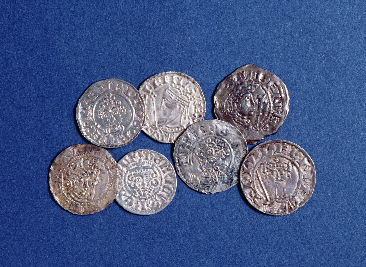 Un grupo de monedas normandas y angevinas, desde el rey Guillermo I hasta el rey Enrique III de Inglaterra, siglo XI-XIII (vista del anverso) de English School