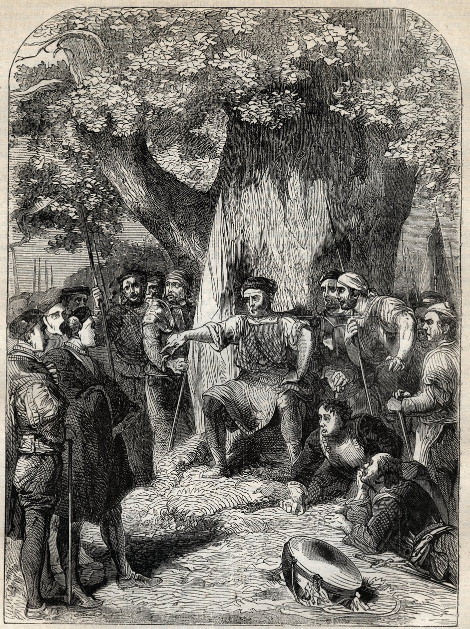 Un grupo de disidentes en Norfolk durante la rebelión de Robert Kett en 1549. Grabado de "History of England". de English School