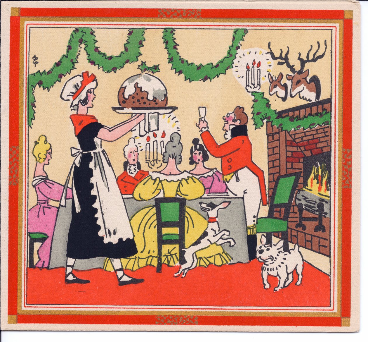 Tarjeta navideña francesa Pochoir coloreada a mano de una criada sirviendo un pudín de Navidad, circa 1920 de English School