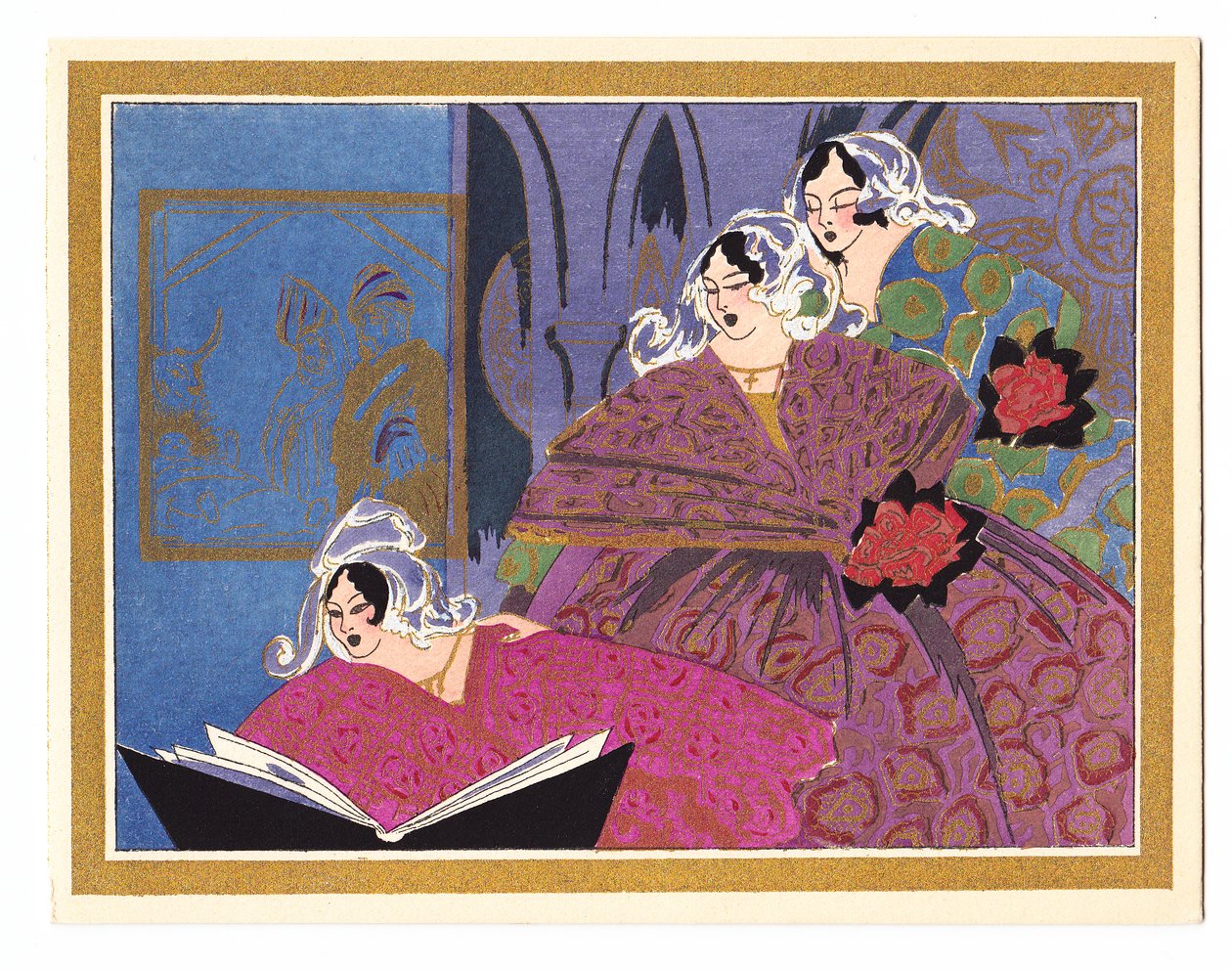 Tarjeta de Navidad francesa a mano alzada que representa a tres damas cantando de un libro de canciones, circa 1920 de English School