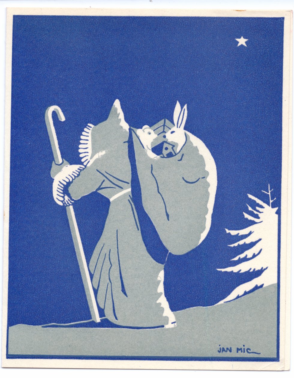 Tarjeta de Navidad Pochoir francesa coloreada a mano de Papá Noel en silhoutte, caminando con un bastón, llevando un saco con un conejo y un oso, hacia 1920 (plantilla). de English School