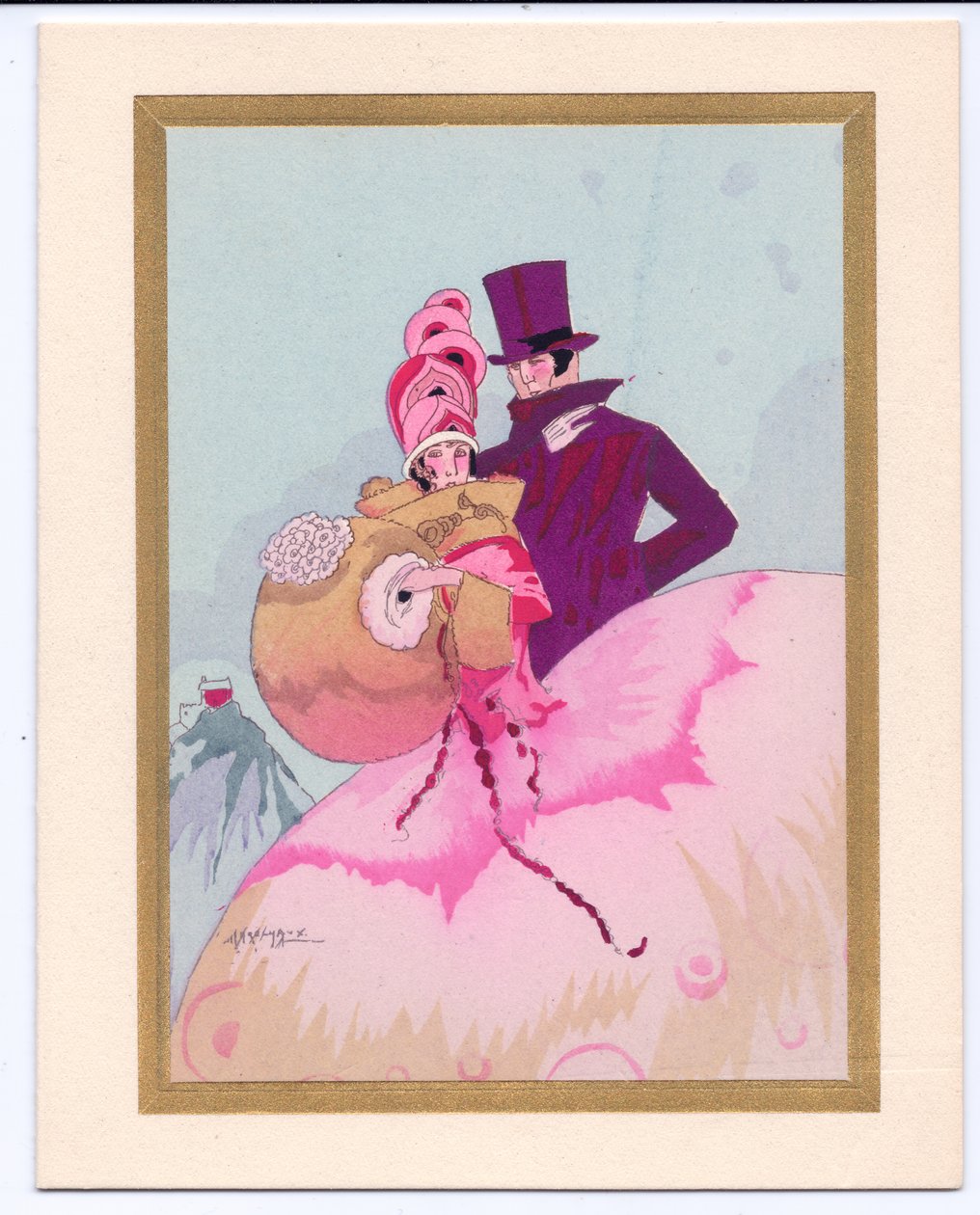 Tarjeta de Navidad francesa pochoir coloreada a mano de una dama de la Regencia con un manguito, acompañada por un caballero con sombrero de copa, circa 1920 de English School
