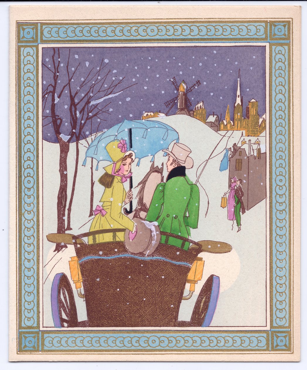 Tarjeta de Navidad Francesa Pochoir coloreada a mano de una pareja de Rencecy en un carruaje abierto atravesando la nieve, circa 1920 de English School