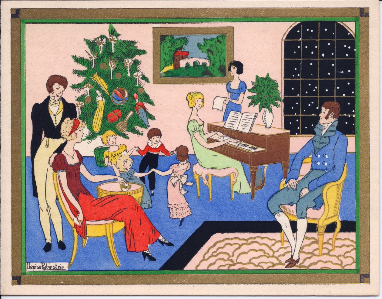 Tarjeta de Navidad francesa pochoir coloreada a mano de una fiesta navideña de familias de la Regencia, con baile y entretenimiento musical, c.1920 de English School