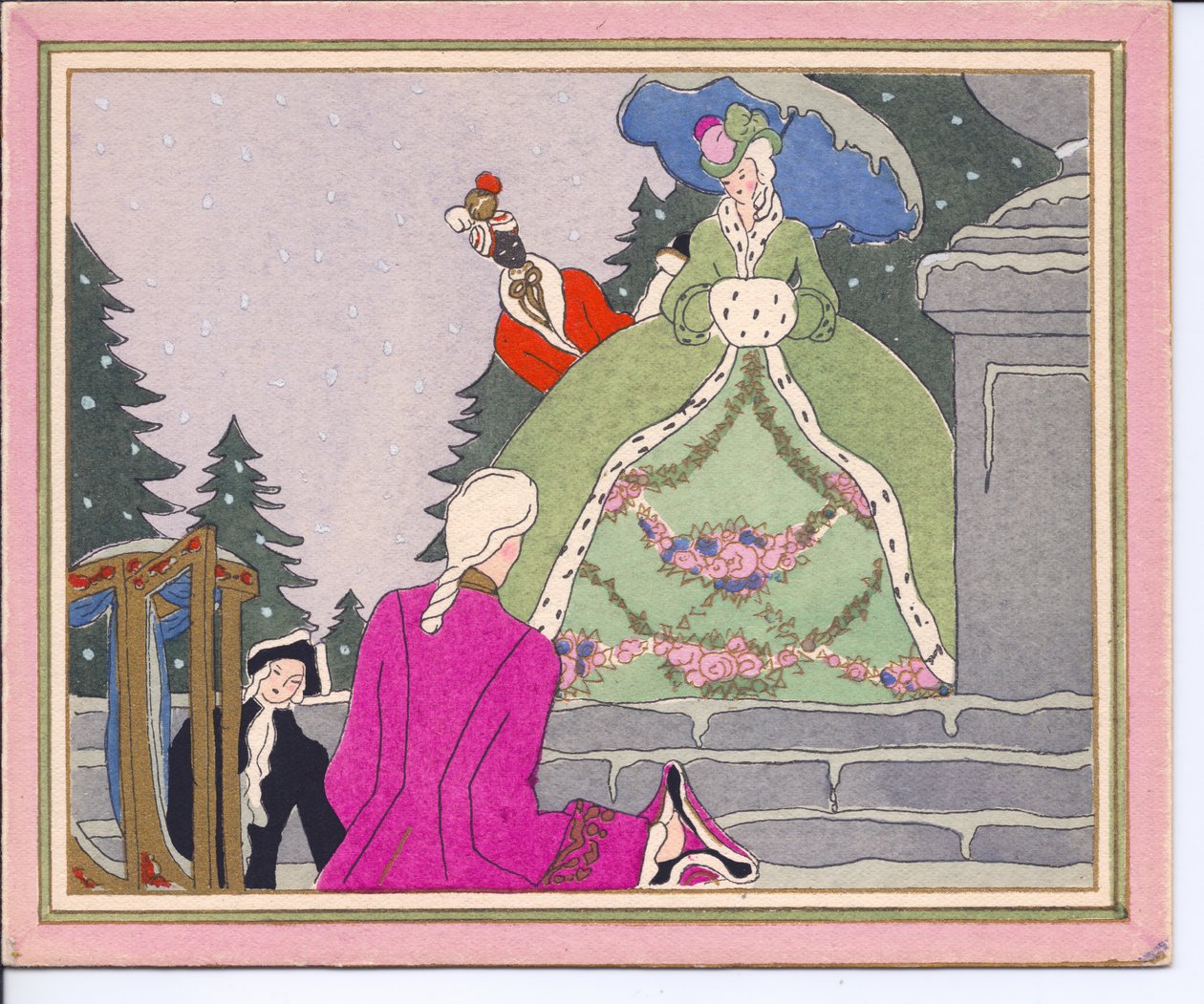 Tarjeta de Navidad francesa Pochoir coloreada a mano de un hombre con peluca bajando de una silla de manos y siendo recibido por una dama con un abrigo forrado de piel de armiño con su sirviente negro, circa 1920 de English School