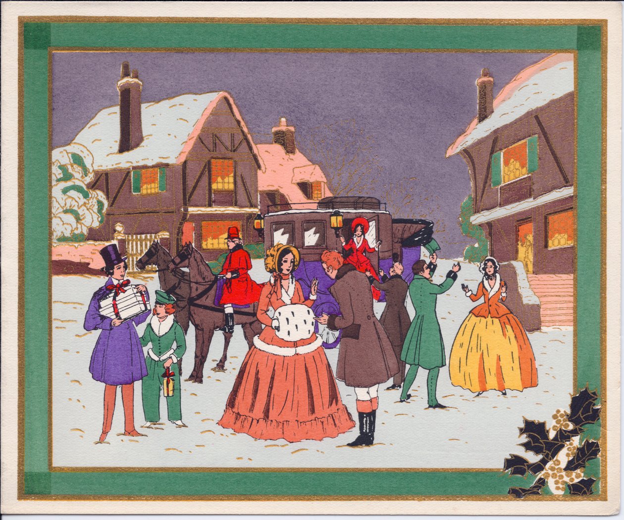 Tarjeta de Navidad francesa pochoir coloreada a mano de una escena de pueblo con un carruaje y caballos, circa 1920 de English School