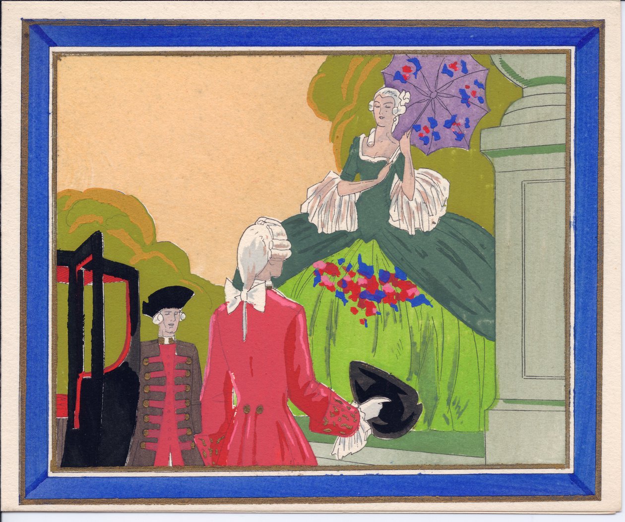 Tarjeta de felicitación Pochoir francesa coloreada a mano de un hombre con peluca y un lacayo que esperan a que una gran dama entre en su carruaje, hacia 1920 (plantilla). de English School