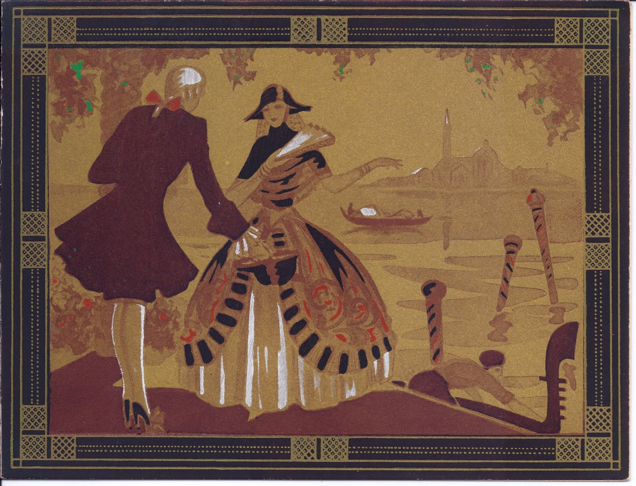 Tarjeta de felicitación francesa pochoir coloreada a mano de una escena veneciana, circa 1920 de English School