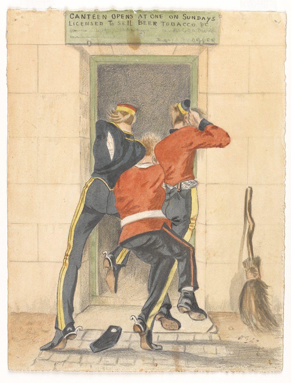 Un húsar, un infante y un dragón, todos en uniforme de faena, luchando por entrar en una cantina, c.1890 de English School