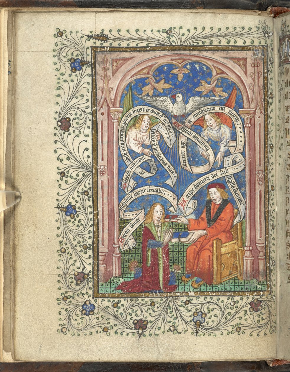 Un alumno arrodillado, quizás representando al autor, Norton, recibiendo un libro de su maestro, con ángeles, pergaminos escritos y una paloma arriba. Ordinal de la Alquimia. Thomas Norton cuarto cuarto del siglo XV de English School