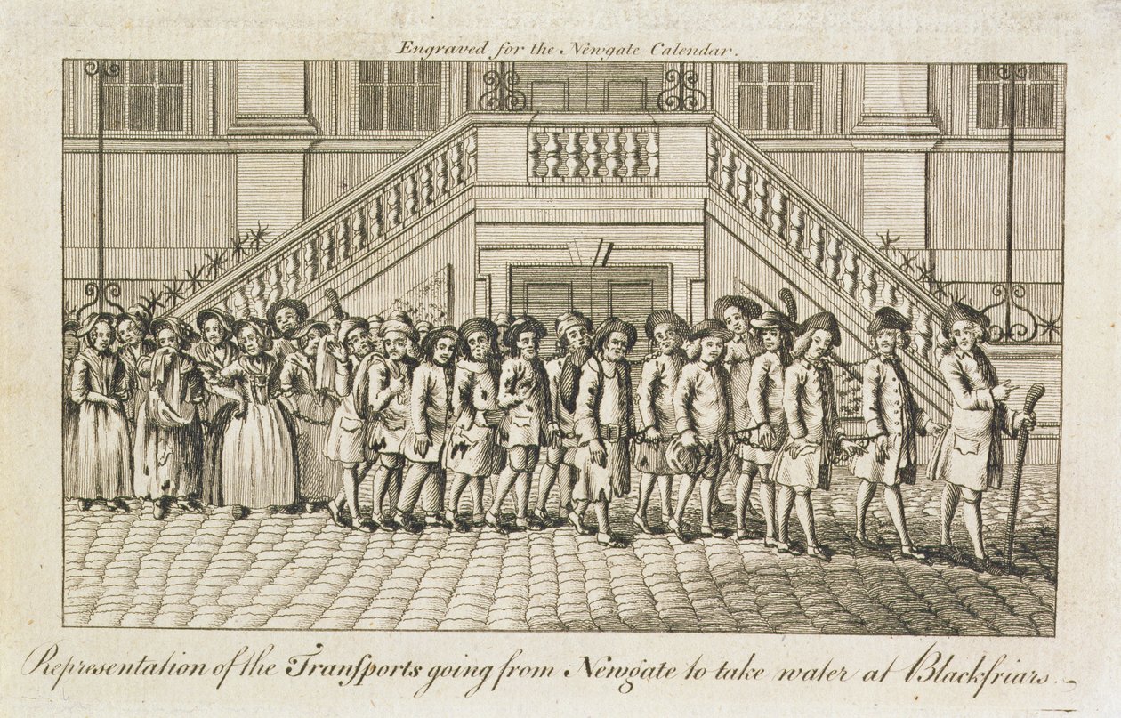 Una fila de convictos encadenados de la prisión de Newgate, Old Bailey, siendo llevados a Blackfriars para su transporte, c.1760 de English School