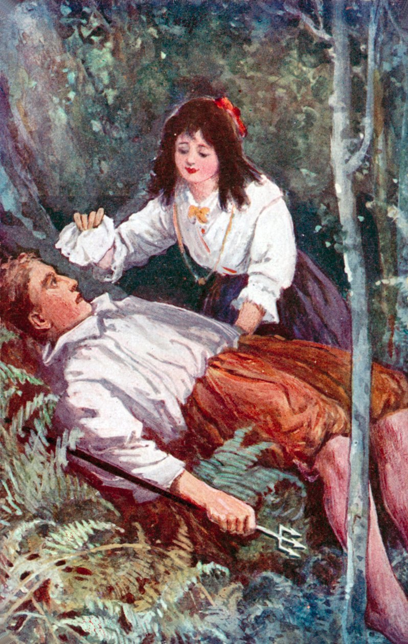 "Una niña estaba arrodillada a mi lado" (litografía en color) de English School