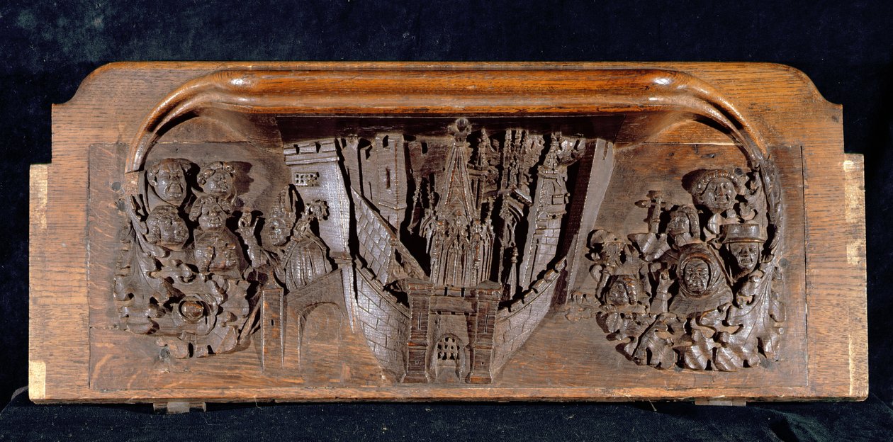 Una misericordia que representa una ciudad amurallada con una puerta con una reja levantada, Capilla del New College, Oxford, finales del siglo XIV (madera) de English School