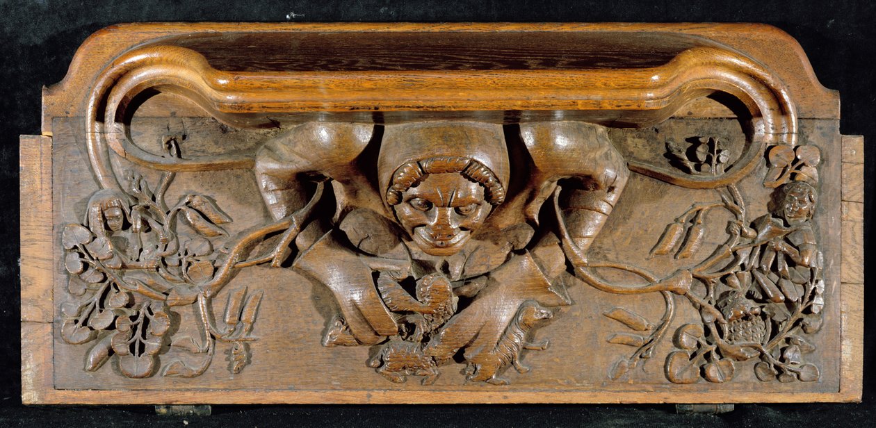 Una misericordia que representa un ogro con hombros enormes, Capilla del New College, Oxford, finales del siglo XIV (madera) de English School