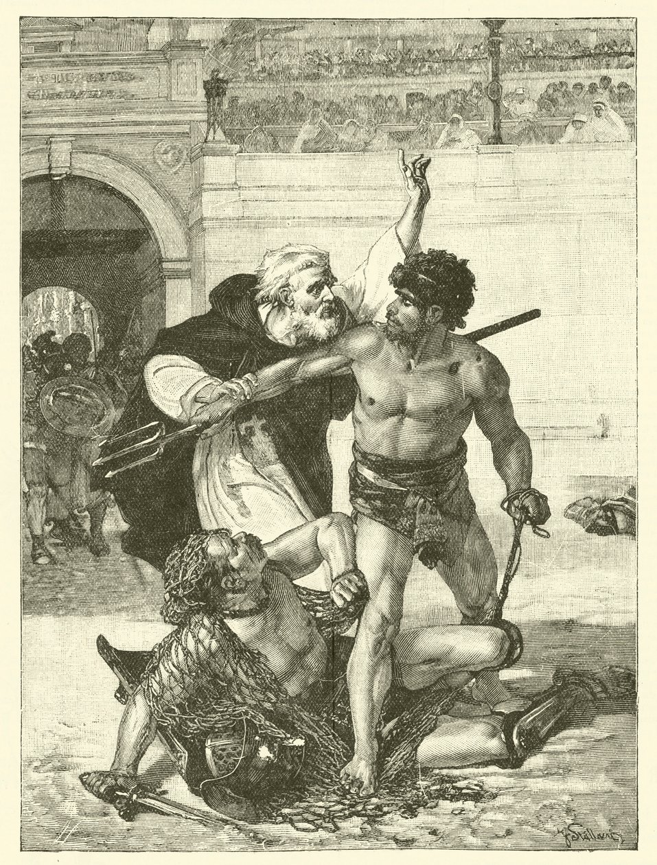 Un monje, Telémaco, intenta detener los juegos de gladiadores en el Coliseo, Roma (grabado) de English School