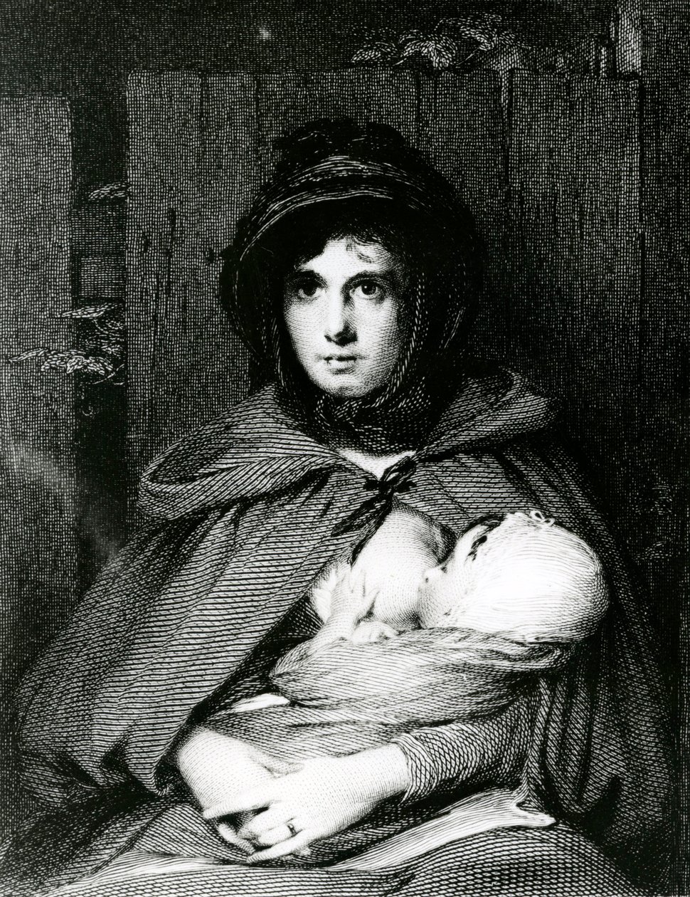 Una madre amamantando a su bebé (grabado) de English School