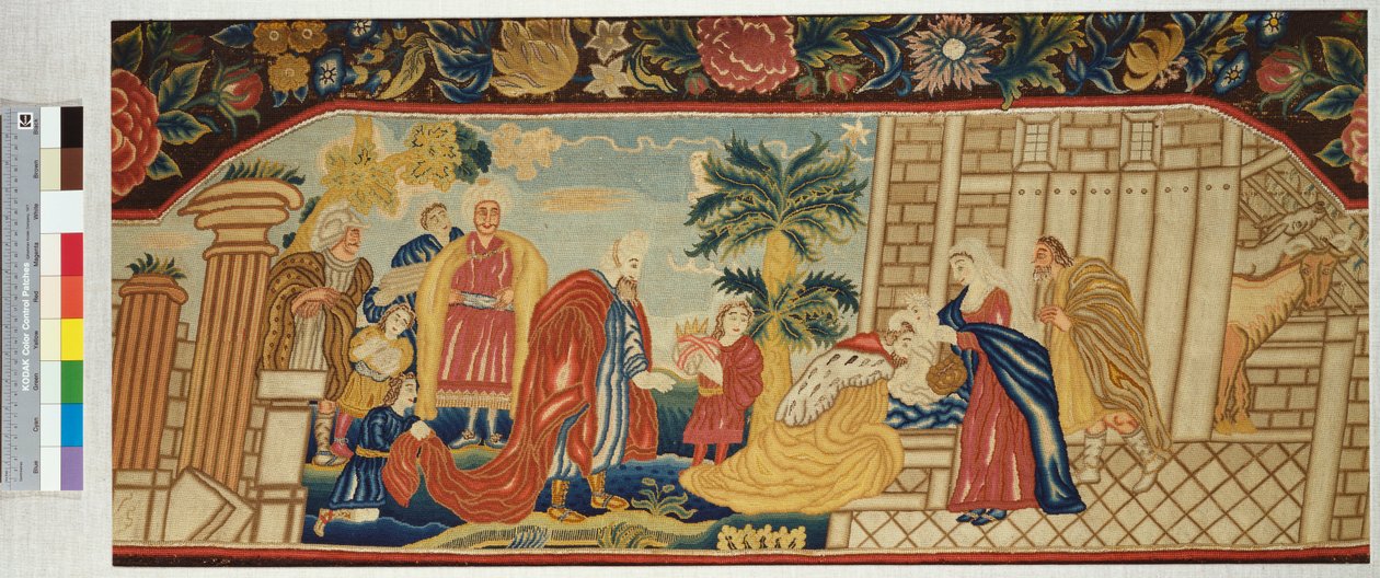 Asiento de sofá bordado finamente en punto de tienda representando la Adoración de los Magos, c.1730 de English School