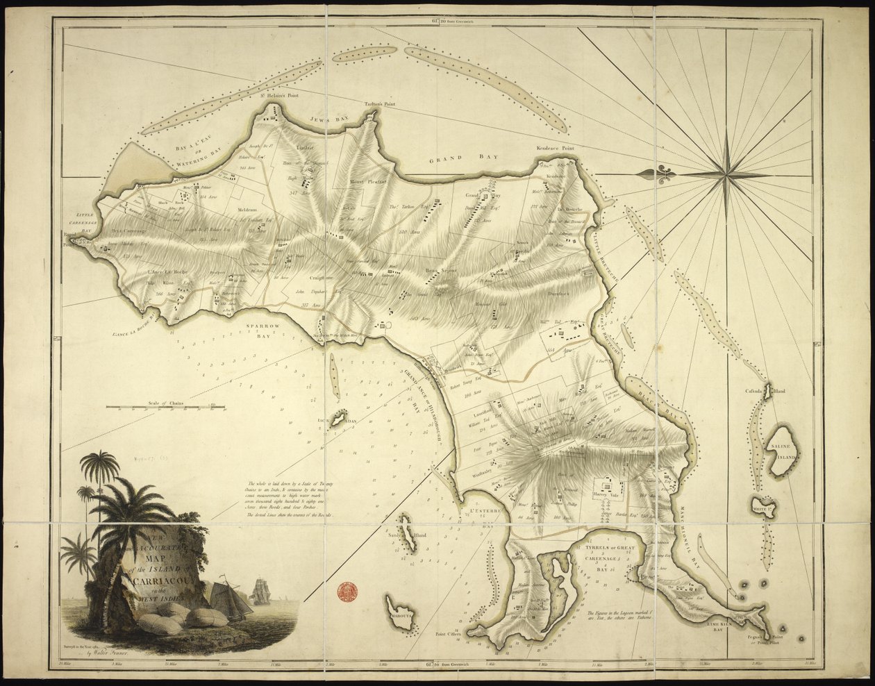 Un mapa nuevo y preciso de la isla de Carriacou en las Indias Occidentales de English School