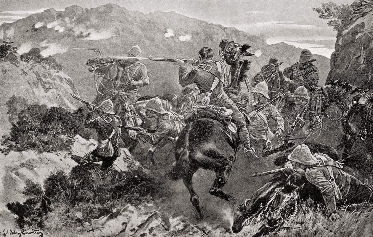 Un piquete del 13º de Húsares sorprendido cerca del río Tugela, en Hussar Hill, provincia de KwaZulu-Natal, durante la segunda guerra bóer, de "South Africa and the Transvaal War", de Louis Creswicke, publicado en 1900 (litografía). de English School