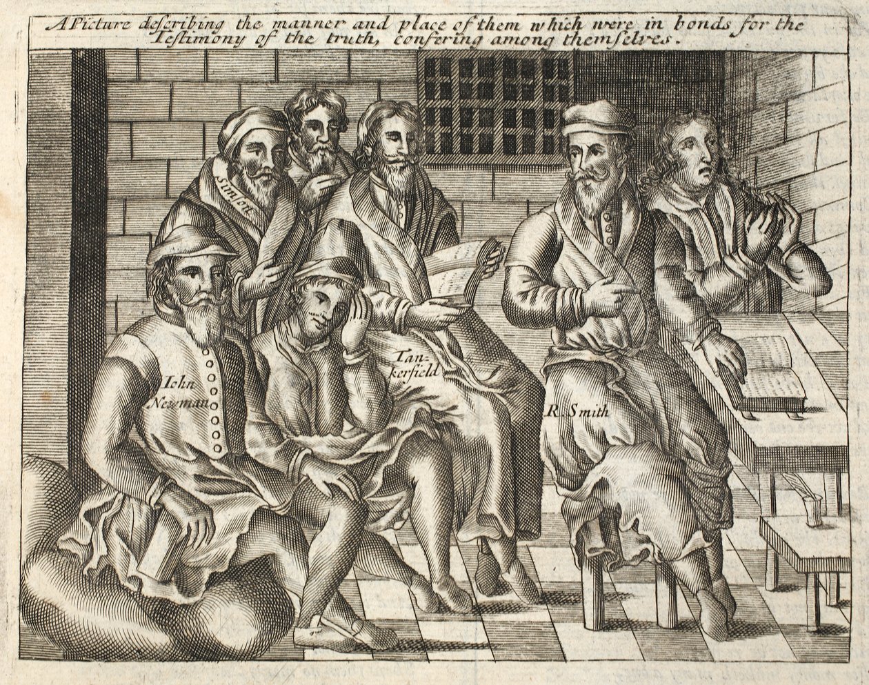 Una imagen que describe la manera y el lugar de aquellos que estaban en cadenas por el testimonio de la verdad, conferenciando entre ellos, ilustración de Hechos y Monumentos de John Foxe, novena edición, pub. 1684 de English School