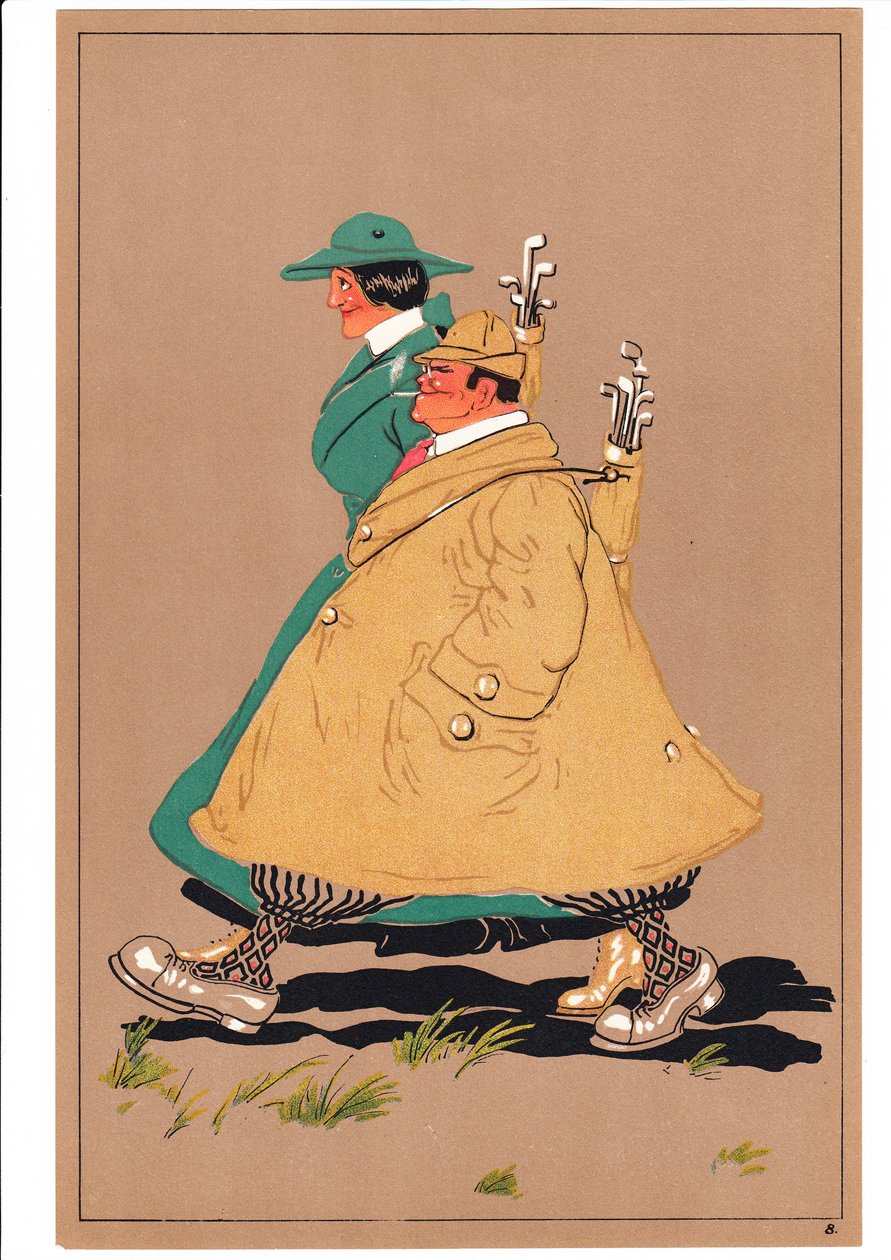 Impresión de dos golfistas en posturas cómicas y humorísticas, c.1920 de English School