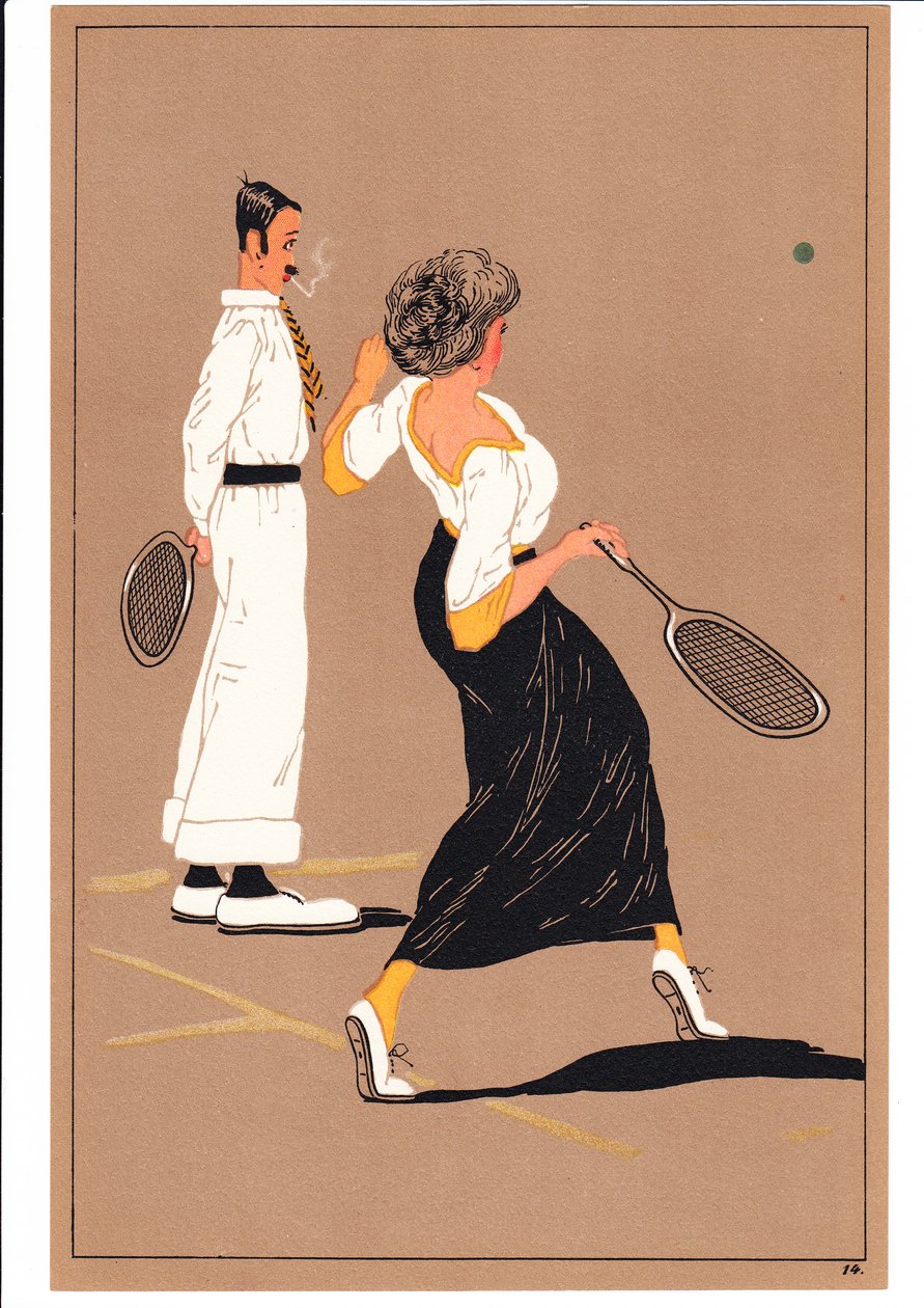 Estampa de dos tenistas en posturas cómicas y humorísticas, c.1920 (litografía en color) de English School