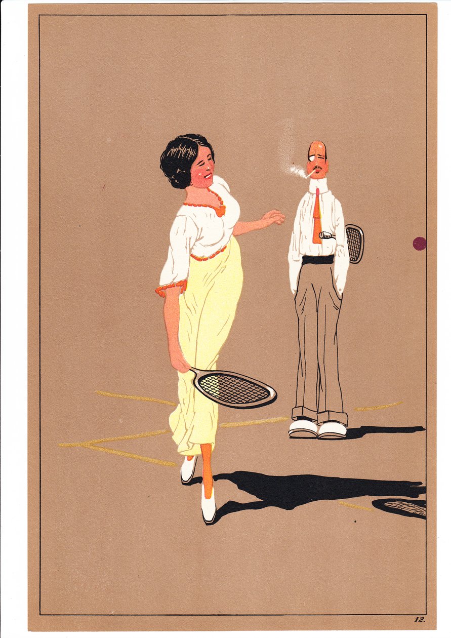 Impresión de dos jugadores de tenis en posturas cómicas y humorísticas, c.1920 de English School