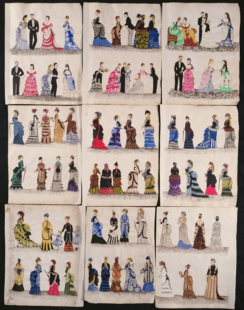 Una selección de modas victorianas, incluyendo vestidos de baile y de paseo, c.1876 de English School