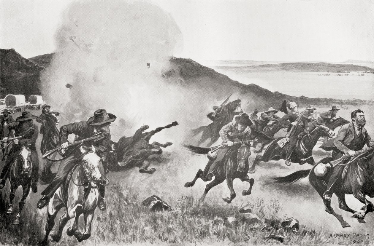Un proyectil de la Brigada Naval dispersando bóers desde detrás de los Kojes de las Siete Hermanas durante la acción del 7 de marzo. de English School