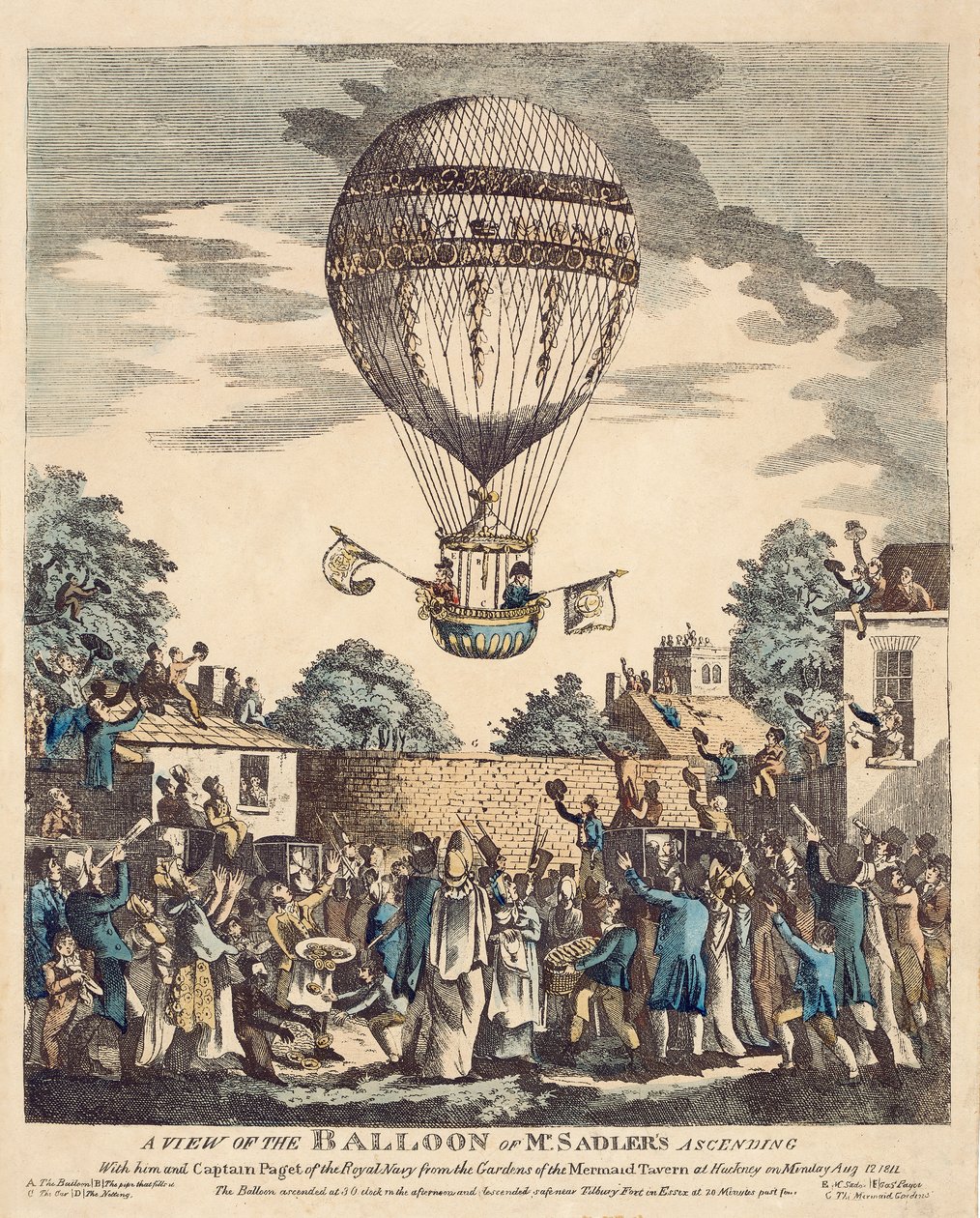 Vista del globo del Sr. Sadler ascendiendo con él y el Capitán Paget de la Marina Real desde los jardines de la Taberna Mermaid en Hackney el lunes 12 de agosto. de English School